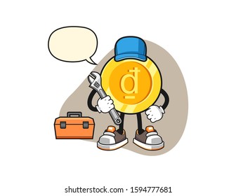 Vietnamese dong mechanic with speech bubble cartoon. Mascot Character vector.