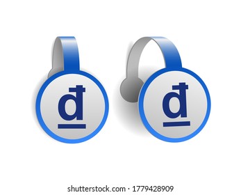 Vietnamese Dong symbol on Blue advertising wobblers. Illustration design of currency sign of Vietnam on banner label. Symbol of monetary unit. Vector illustration isolated on white background