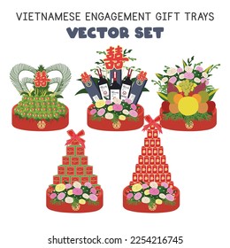 Vietnamese engagement gift trays clipart. Vietnam Groom gifts presented to the bride's family flat vector illustration. Vietnamese traditional wedding ceremony concept. Chinese text "Double Happiness"