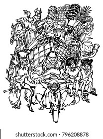 Vietnamese family packed up on a scooter, humorous illustration svg