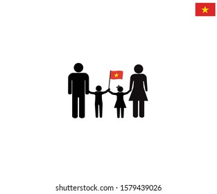 Vietnamese family with Socialist Republic of Vietnam national flag, we love Vietnam concept, sign symbol background, vector illustration.