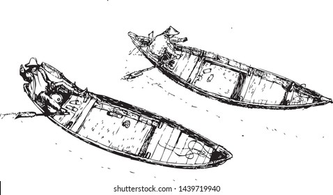 Vietnamese fishermen in boats on the river vector sketch