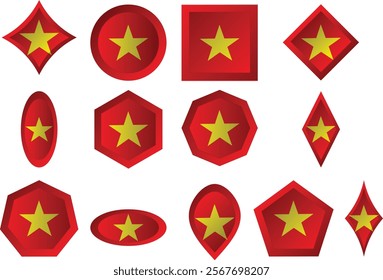 The Vietnamese flag is represented in various raised shapes such as rectangle, square, diamond, circle, pentagon, octagon, hexagon, and in vector format