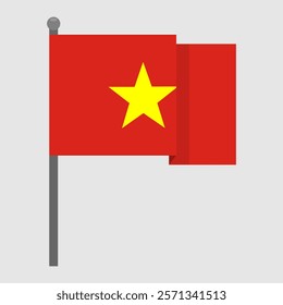 Vietnamese flag waving on a gray flagpole. Vector illustration
