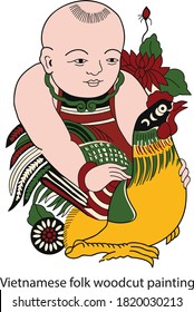 Vietnamese folk painting about a boy and a rooster