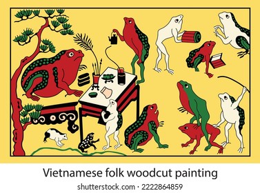 Vietnamese folk painting about frogs studying