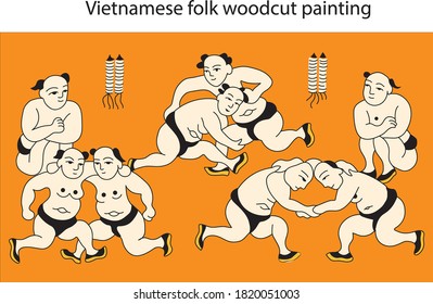 Vietnamese folk painting about wrestling