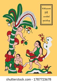 Vietnamese folk painting with coconut tree 