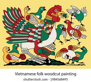 Vietnamese folk painting contains a hen and chicks