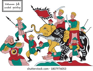 Vietnamese folk painting with elephants and people