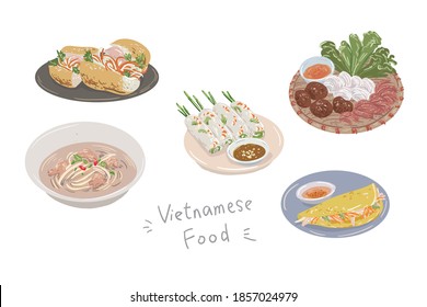 Comida vietnamita, comida asiática, colección de cocina tradicional, ilustración vectorial