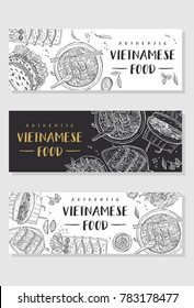 Vietnamese food banner collection. Linear graphic. Vector illustration. Engraved style.