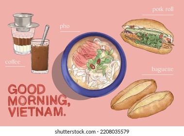 Vietnamese food collection realistic vector icon set. Illustration of famous street food, such as pho, noodles, baguette, pork roll, coffee, raw beef noodle soup.