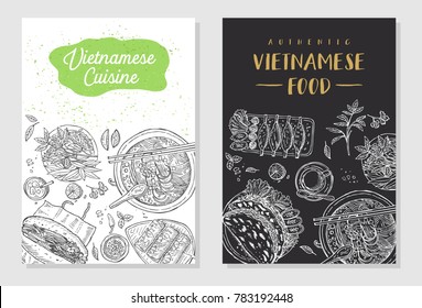 Vietnamese food flyer design. Linear graphic. Vector illustration. Engraved style.