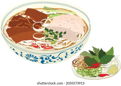 Vietnamese food, Hue beef noodle - (Bun bo Hue). A bowl of beef  rice vermicelli soup and vegetable
