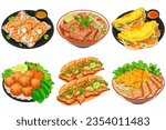 Vietnamese food illustration vector. Spring rolls (Gỏi Cuốn). Pho vietnamese noodle. Vietnamese shrimp pancakes (Bánh Xèo). Vietnam meatball (Bún Chả). Vietnam pork noodles rice crackers (Cao lầu).