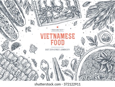 Vietnamese food. Linear graphic. Top view vintage illustration