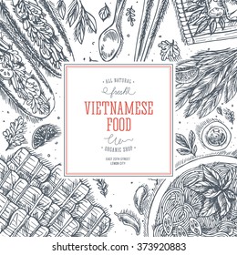 Vietnamese food. Linear graphic. Top view vintage illustration