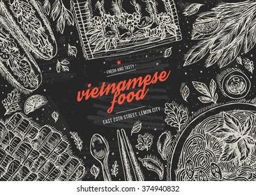 Vietnamese food. Linear graphic. Top view vintage illustration