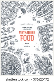 Vietnamese food. Linear graphic. Top view vintage illustration