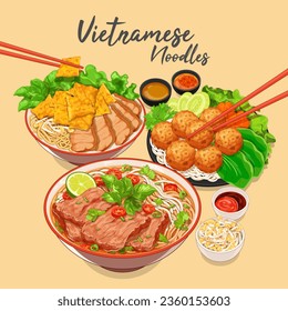 Vector de banner del menú de comida vietnamita. Fo fideos vietnamitas. Materia de Vietnam (Bún Chávez). Grilletes de arroz con fideos vietnamitas (Cao lcoma). Menú de cocina vietnamita con fideos de buey Pho. Ilustración gastronómica vietnamita.