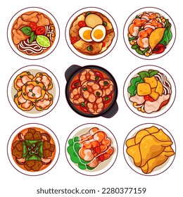 Vietnamese food menu icons set vector. (Pho, Canh Khổ Qua, Gỏi Cuốn, Thịt kho, Bánh Khọt, Bánh Xèo, Cá kho tộ, Cao lầu, Chả giò) Asian Vietnam food appetizers icon set. Vietnamese food noodles icons.