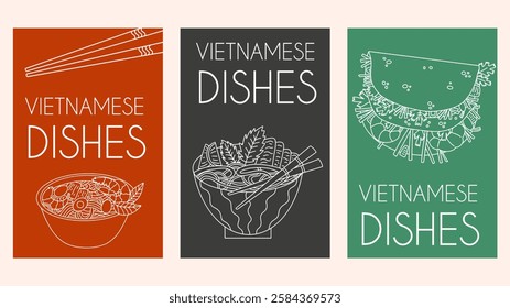 Vietnamese food poster set. 
Asian cuisine doodle vector illustration. Street food design template. 