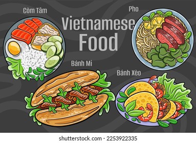 Vietnamese food. A set of classic dishes. Cartoon hand drawn illustration.