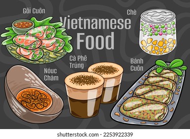 Vietnamese food. A set of classic dishes. Cartoon hand drawn illustration.