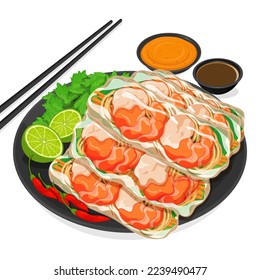 Vietnamese food spring rolls recipe illustration vector. 
Fresh vietnamese spring roll dipping sauce. Vietnam food menu with shrimp. Fresh asian vegetable spring rolls.