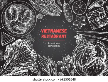 Vietnamese food top view frame  A set vietnamese dishes and caramelized fish  pho soup  buncha  salads   Food menu design template  Vintage hand drawn sketch vector illustration  Engraved image 