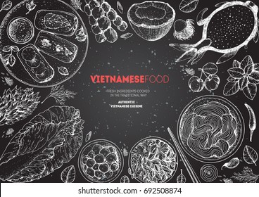 Vietnamese food top view frame. A set of vietnamese dishes with spring rolls, bun cha, fruits and vegetables . Food menu design template. Vintage hand drawn sketch vector illustration. Engraved image.