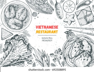 Vietnamese food top view frame  A set vietnamese dishes and caramelized fish  pho soup  buncha  salads   Food menu design template  Vintage hand drawn sketch vector illustration  Engraved image 