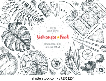 Vietnamese food top view frame. A set of vietnamese dishes with spring rolls, cao lau, fried spring rolls. Tropical food menu design template. Vintage  sketch vector illustration. Engraved image.