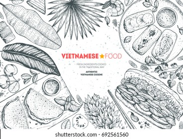 Vietnamese food top view frame. Food menu design template. Vintage hand drawn sketch vector illustration. Engraved image.