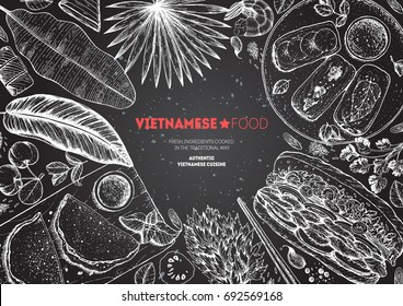 Vietnamese food top view frame. A set of vietnamese dishes. Food menu design template. Vintage hand drawn sketch vector illustration. Engraved image.