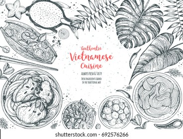 Vietnamese food top view frame  A set vietnamese dishes   Food menu design template  Vintage hand drawn sketch vector illustration  Engraved image 