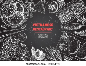 Vietnamese food top view frame  A set vietnamese dishes   Food menu design template  Hand drawn sketch vector illustration  Engraved style 