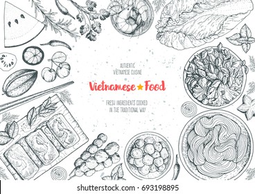 Comida vietnamita quadro de vista superior. Um conjunto de pratos vietnamitas. Modelo de design de menu de alimentos. Desenho desenhado à mão ilustração vetorial. Estilo gravado.