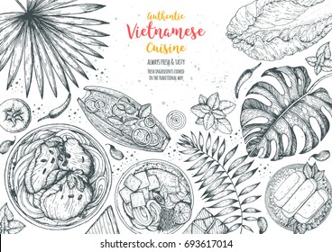 Vietnamese food top view frame  A set vietnamese dishes   Food menu design template  Hand drawn sketch vector illustration  Engraved style 