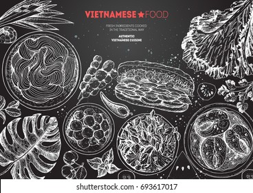 Vietnamese food top view frame. A set of vietnamese dishes . Food menu design template. Hand drawn sketch vector illustration. Engraved style.