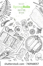 Vietnamese food top view frame. Spring rolls poster. Ingredients for spring rolls vector illustration. Asian food menu design template. Vintage hand drawn sketch vector illustration. Engraved image.