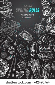 Vietnamese food top view frame. Spring rolls poster. Ingredients for spring rolls vector illustration. Asian food menu design template. Vintage hand drawn sketch vector illustration. Engraved image.