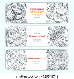 Vietnamese food top view. Horizontal banners set of vietnamese dishes . Food menu design template. Hand drawn sketch vector illustration. Engraved style.