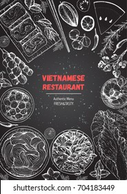 Vietnamese food top view, vertical frame. A set of vietnamese dishes. Food menu design template. Hand drawn sketch vector illustration. Engraved style.