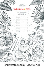 Vietnamese food top view, vertical poster. A set of vietnamese dishes . Food menu design template. Hand drawn sketch vector illustration. Engraved style.