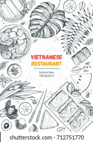 Vietnamese food top view, vertical frame. A set of vietnamese dishes. Tropical food menu design template. Vintage sketch vector illustration. Engraved image