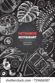 Vietnamese food top view, vertical frame. A set of vietnamese dishes. Tropical food menu design template. Vintage sketch vector illustration. Engraved image