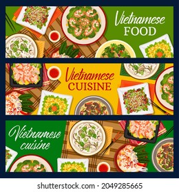 Vietnamese Food Vector Beef Noodle Soup Pho Bo, Spinach Prawn Salad And Eggplant Stew. Shrimp Salad, Prawn Soup Pho And Mango Salad Or Shiitake Mushroom Soup Pho Vietnam Cuisine Cartoon Banners Set