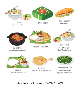 Vietnamese Food vector set. Set of famous dishes in Vietnam flat vector illustration, clipart cartoon. Banh Mi, Pho, Bun Cha, Banh Chung. Asian food. Vietnamese cuisine. Vietnamese foods vector design